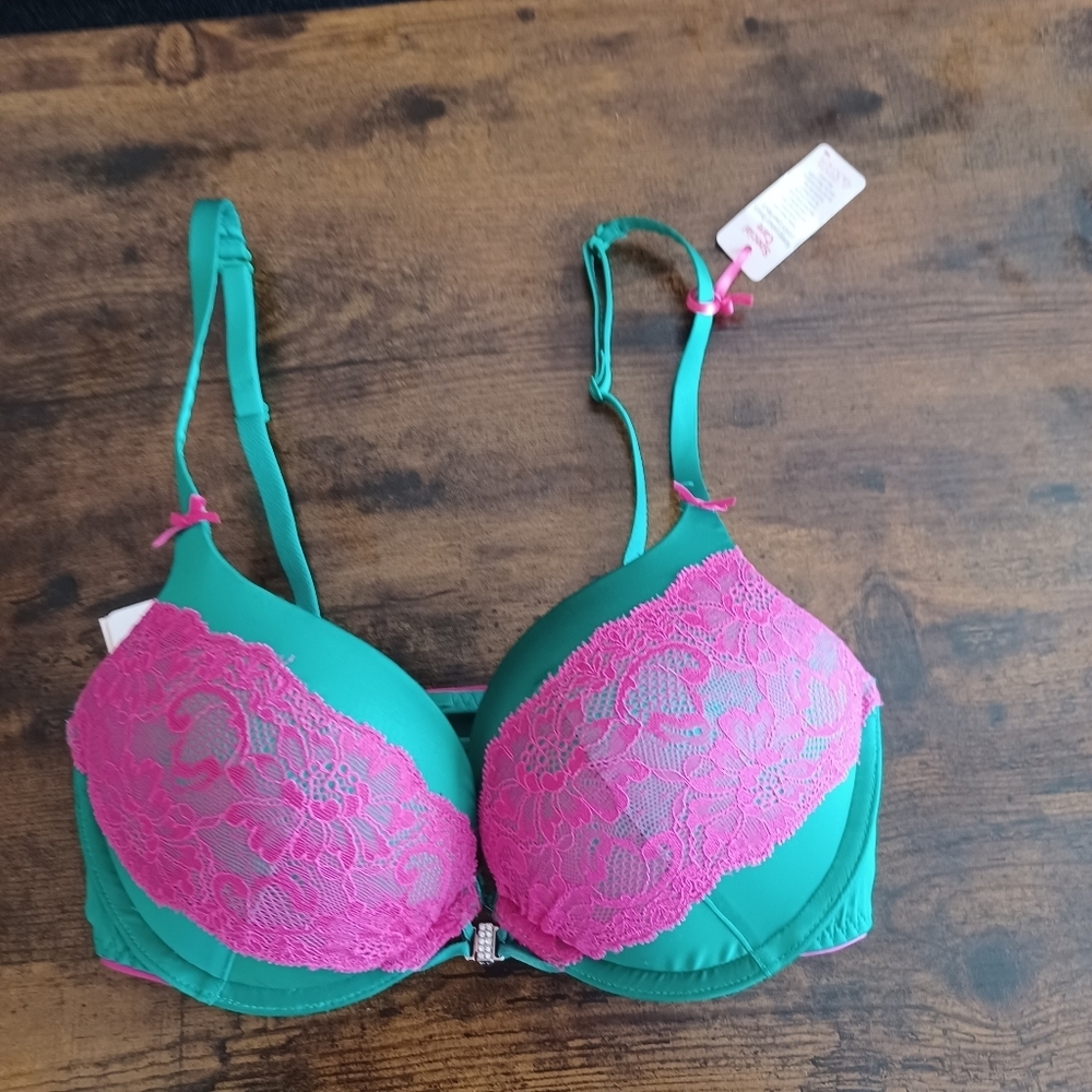 La Senza Hello Sugar Emerald Green / Pink Lace 32D Push Up Bra Front Closure